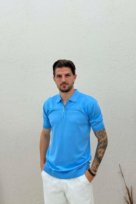 ONE COLOR ZIPPER NECK MEN T-SHIRT LIGHTBLUE/BZ - KLAUDIO FASHION