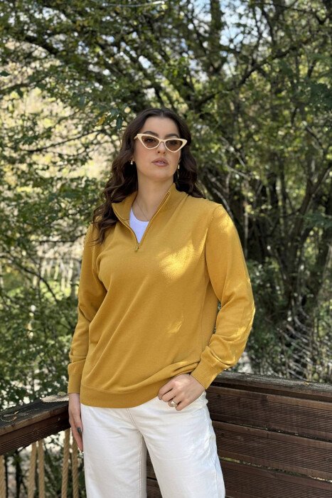 ONE COLOR ZIPPER NECK WOMEN SWEATER MUSTARD/MUSTARDE - 3