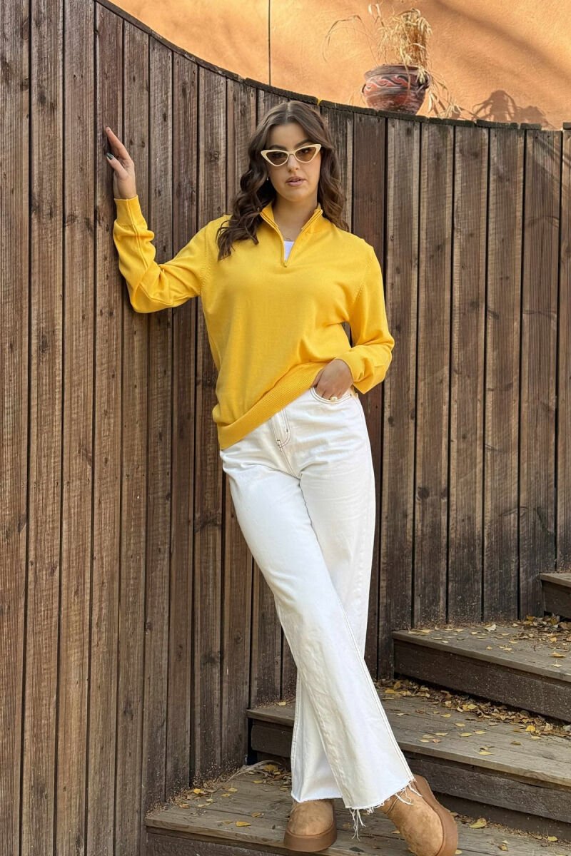ONE COLOR ZIPPER NECK WOMEN SWEATER YELLOW/E VERDHE - 1