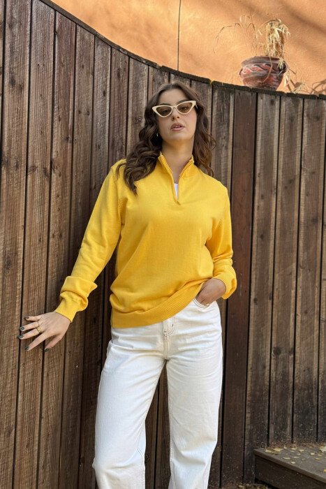 ONE COLOR ZIPPER NECK WOMEN SWEATER YELLOW/E VERDHE - 5