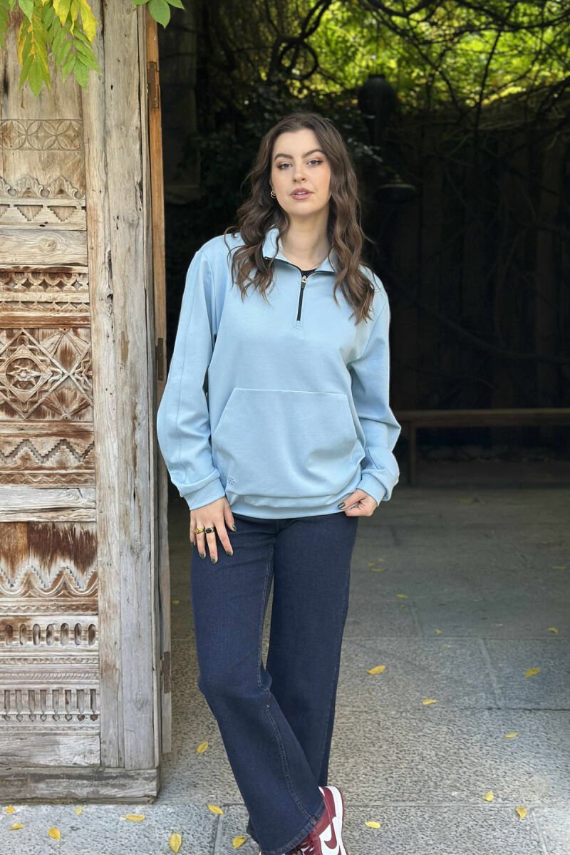 ONE COLOR ZIPPER NECK WOMEN SWEATSHIRT LIGHTBLUE/BZ - 1