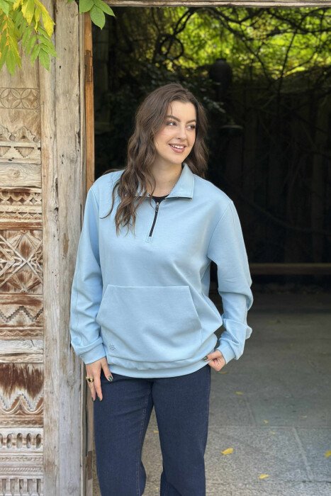 ONE COLOR ZIPPER NECK WOMEN SWEATSHIRT LIGHTBLUE/BZ - 3