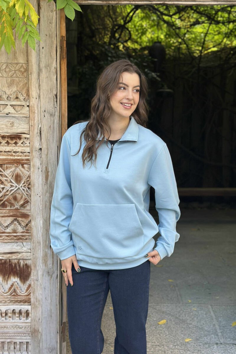 ONE COLOR ZIPPER NECK WOMEN SWEATSHIRT LIGHTBLUE/BZ - 3