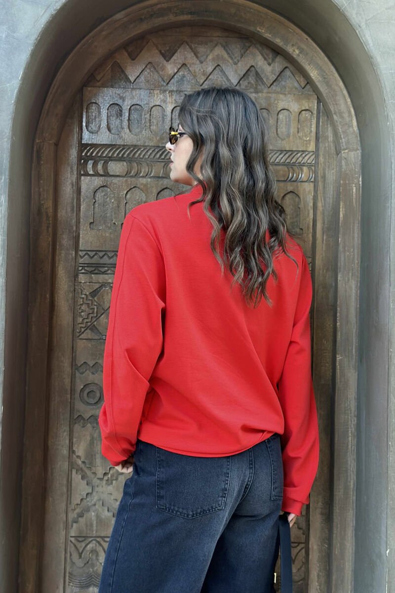 ONE COLOR ZIPPER NECK WOMEN SWEATSHIRT RED/E KUQE - 4