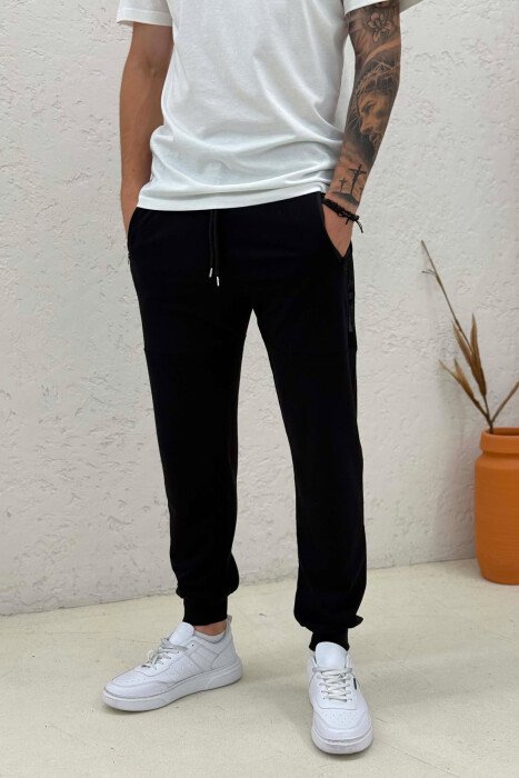 ONE COLOR ZIPPER POCKETS MEN SWEATPANTS BLACK/ E ZEZE - 2