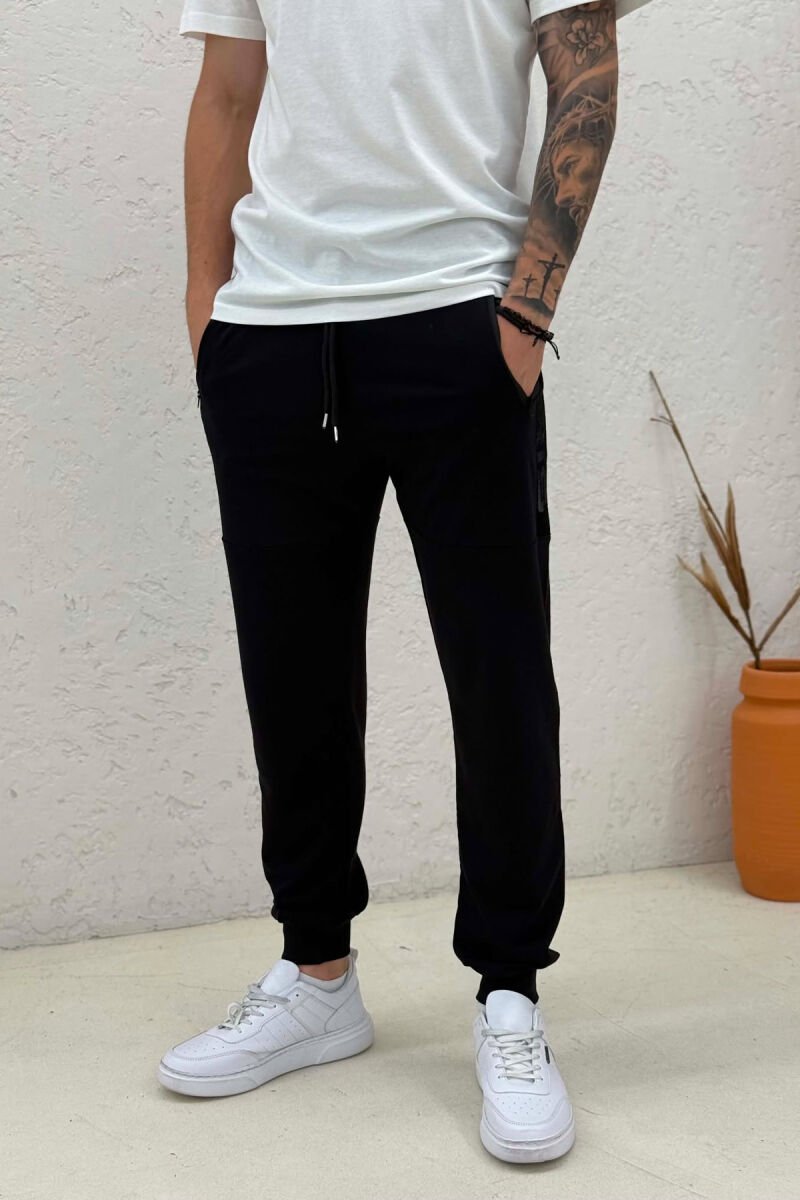ONE COLOR ZIPPER POCKETS MEN SWEATPANTS BLACK/ E ZEZE - 2