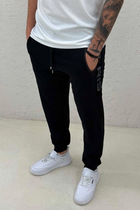 ONE COLOR ZIPPER POCKETS MEN SWEATPANTS BLACK/ E ZEZE - 4