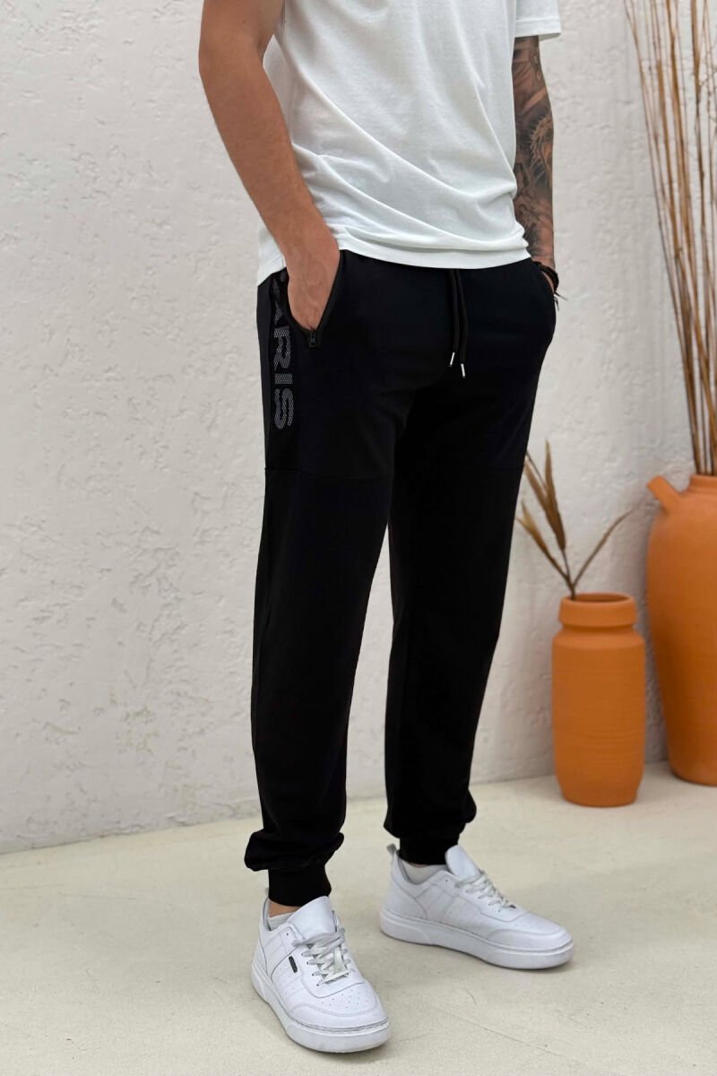 ONE COLOR ZIPPER POCKETS MEN SWEATPANTS BLACK/ E ZEZE - 5