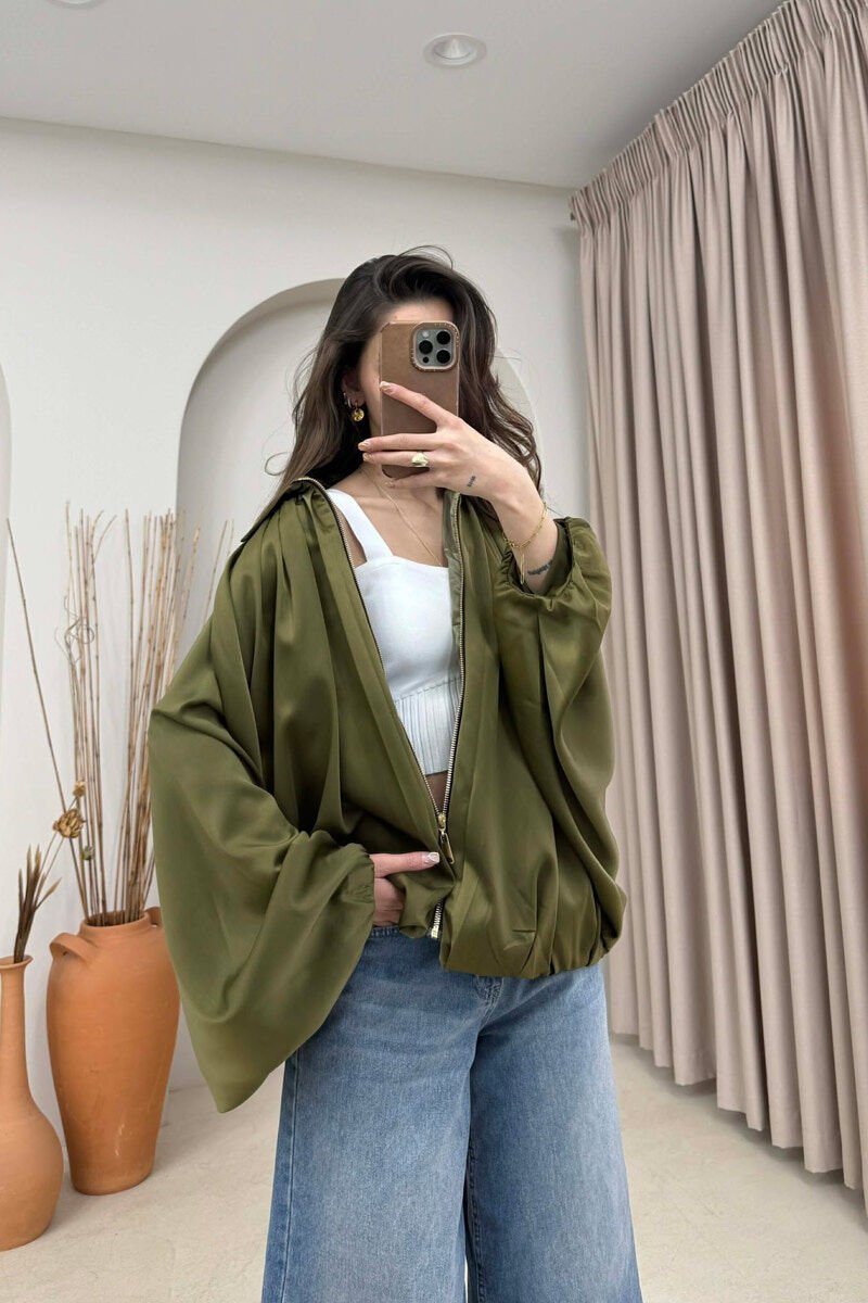 ONE COLOR ZIPPER SHINY WOMEN JACKET GREEN/JESHILE - 3