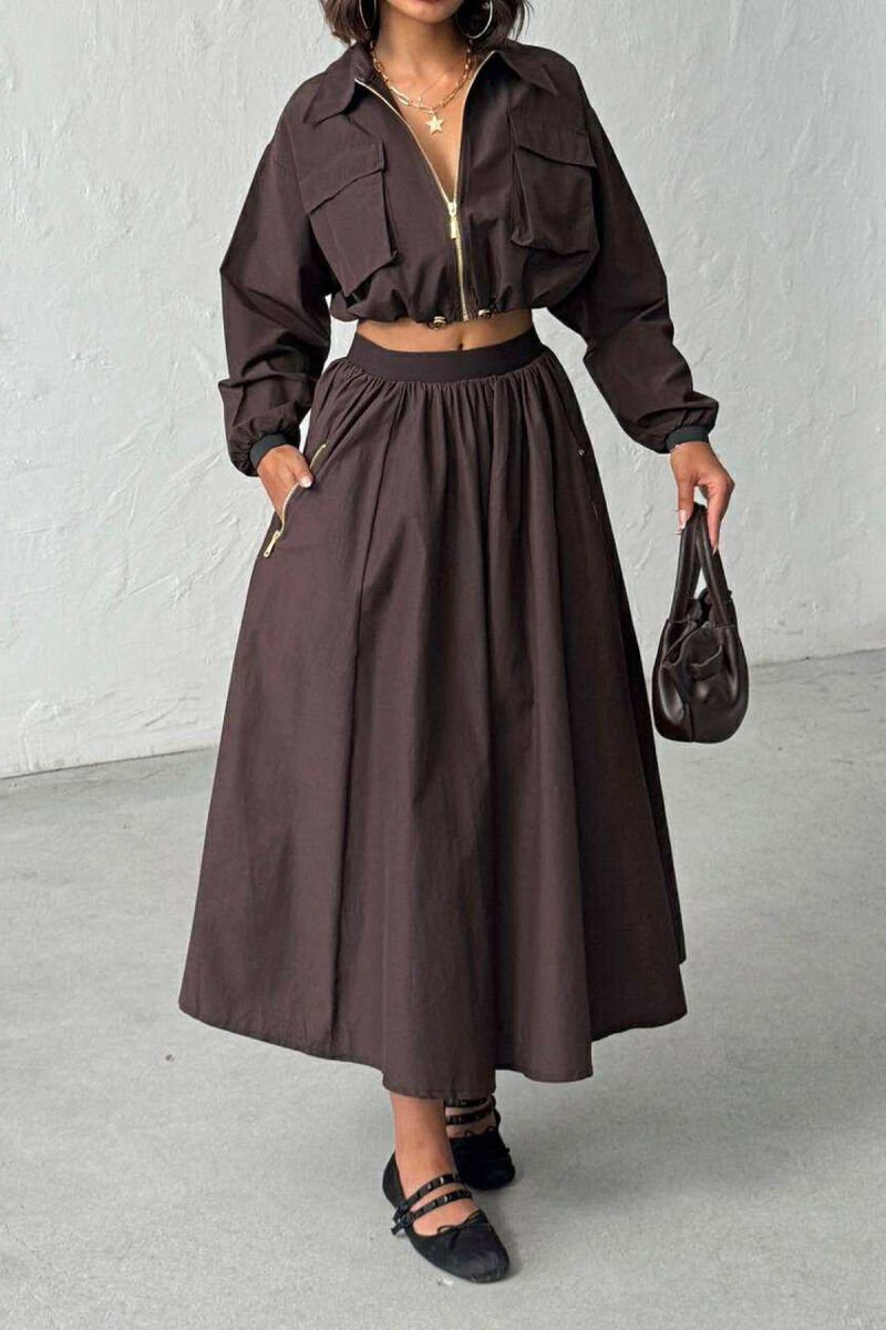 ONE COLOR ZIPPER SHIRT+SKIRT WOMEN SET BROWN/KAFE - 1