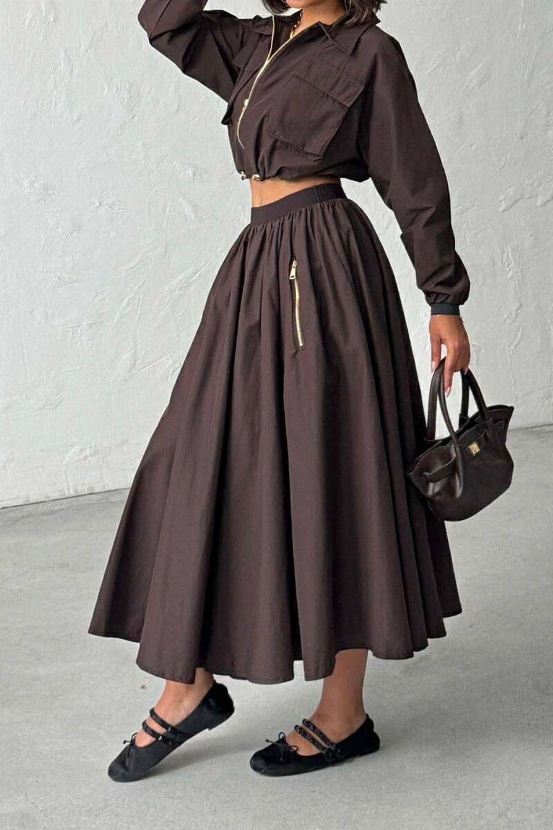 ONE COLOR ZIPPER SHIRT+SKIRT WOMEN SET BROWN/KAFE - 2