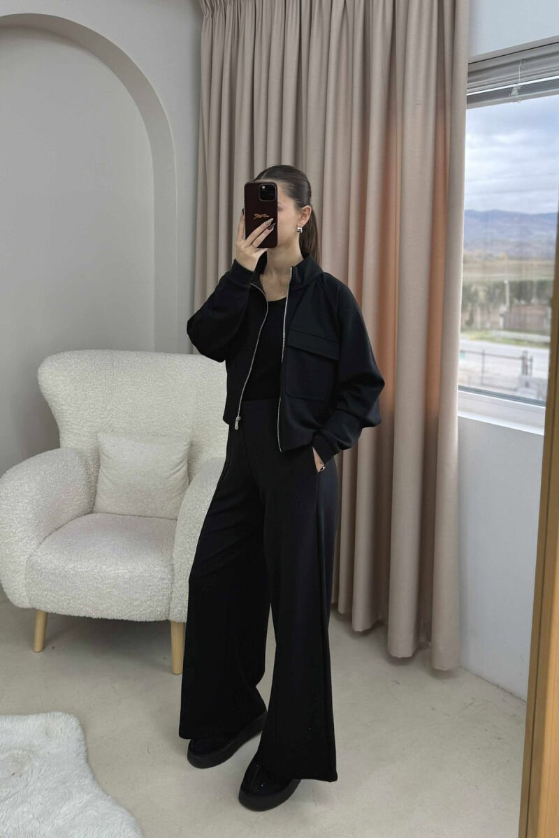 ONE COLOR ZIPPER SIMPLE JACKET+TROUSERS WOMEN SET BLACK/ E ZEZE - 2