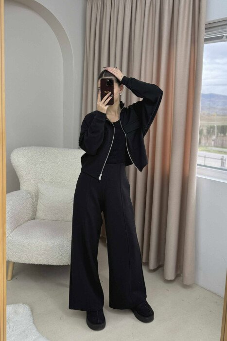 ONE COLOR ZIPPER SIMPLE JACKET+TROUSERS WOMEN SET BLACK/ E ZEZE - 4