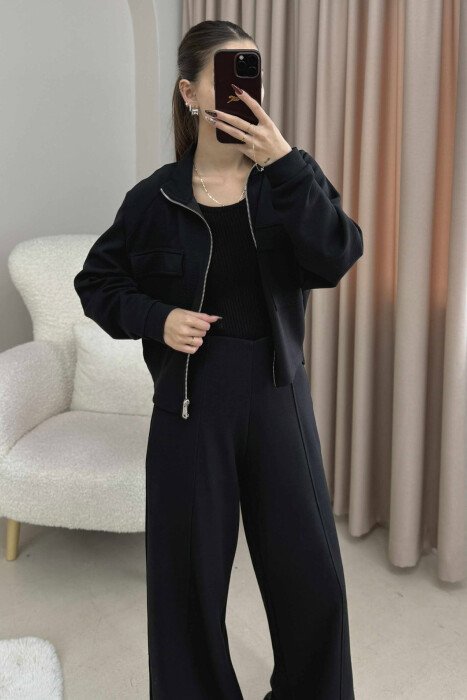 ONE COLOR ZIPPER SIMPLE JACKET+TROUSERS WOMEN SET BLACK/ E ZEZE - 5