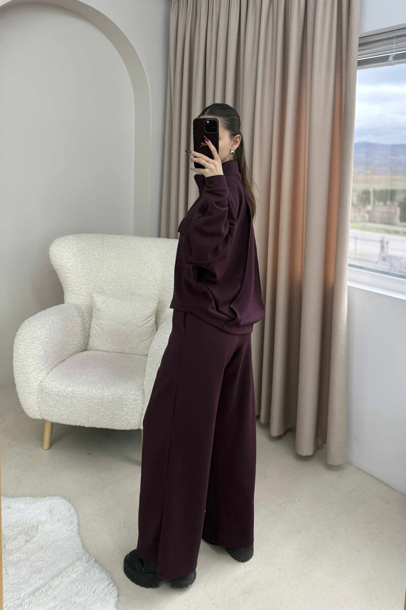 ONE COLOR ZIPPER SIMPLE JACKET+TROUSERS WOMEN SET BURGUNDY/VISHNJE - 3