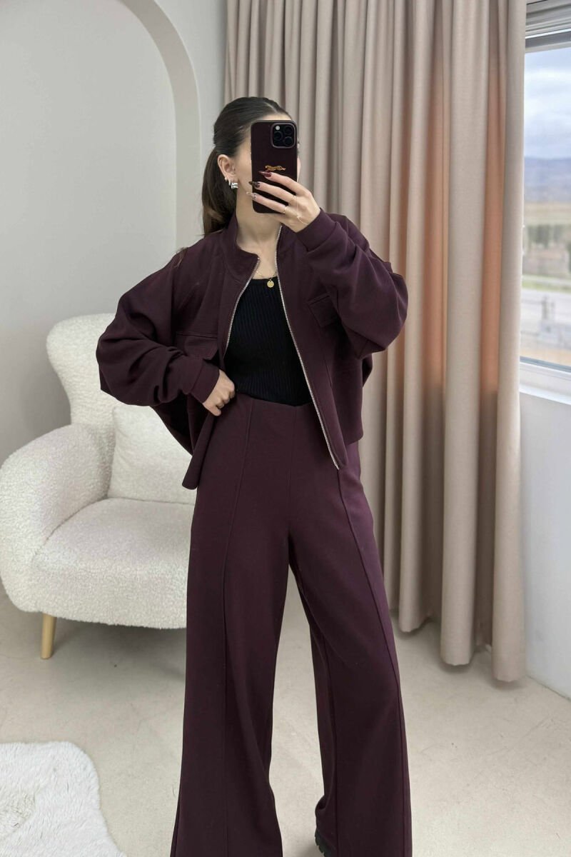 ONE COLOR ZIPPER SIMPLE JACKET+TROUSERS WOMEN SET BURGUNDY/VISHNJE - 4