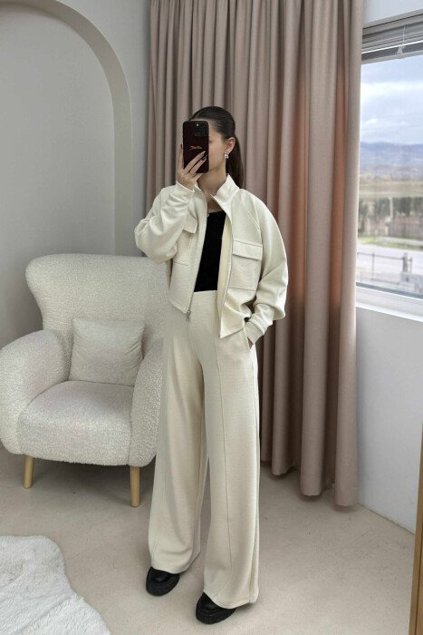 ONE COLOR ZIPPER SIMPLE JACKET+TROUSERS WOMEN SET CREAM/KREM 