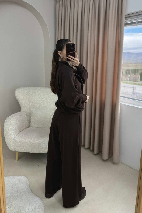 ONE COLOR ZIPPER SIMPLE JACKET+TROUSERS WOMEN SET DARK BROWN/KAE - 2