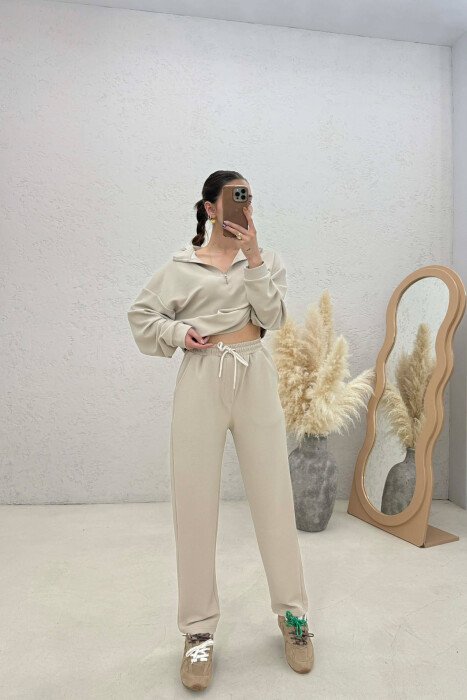 ONE COLOR ZIPPER SWEATSHIRT+ SWEATPANTS WOMEN SET BEIGE/BEZHE - KLAUDIO FASHION