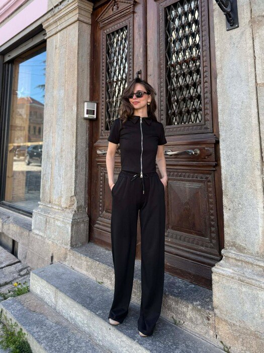 ONE COLOR ZIPPER T-SHIRT + SWEATPANTS WOMAN SET BLACK/ E ZEZE - 