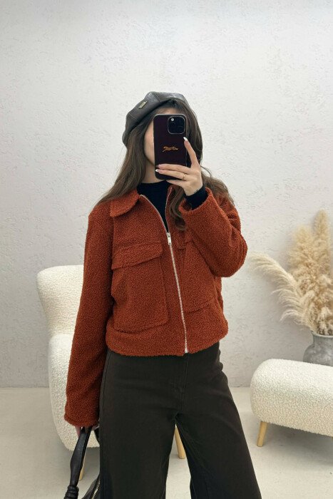 ONE COLOR ZIPPER TWO FRONT POCKETS WOMAN JACKETS BRICK/TULLE 