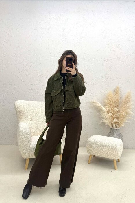 ONE COLOR ZIPPER TWO FRONT POCKETS WOMAN JACKETS GREEN/JESHILE - 3
