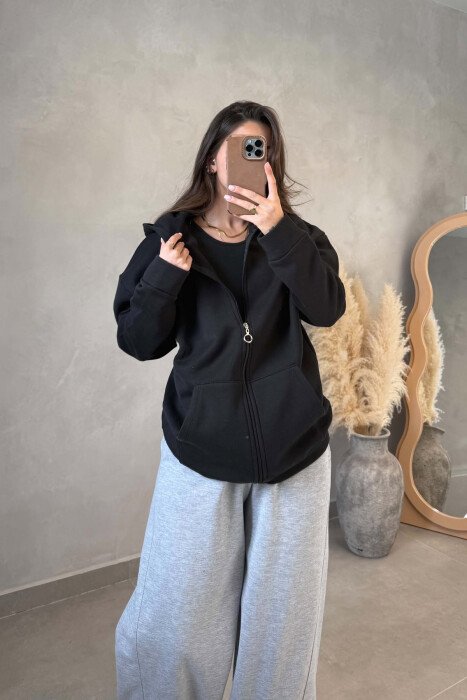 ONE COLOR ZIPPER WOMAN COTTON JACKET BLACK/ E ZEZE 