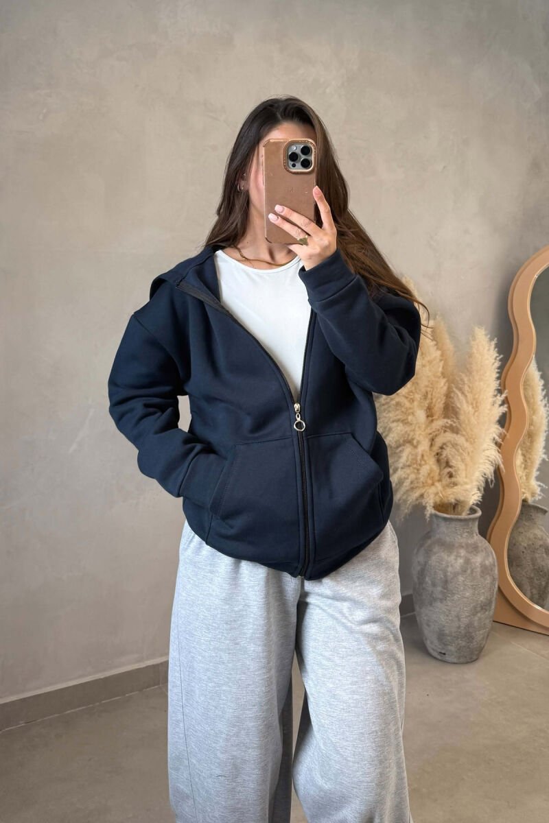 ONE COLOR ZIPPER WOMAN COTTON JACKET DARK BLUE/BEE - 1