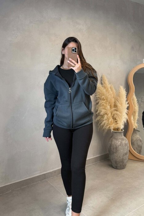 ONE COLOR ZIPPER WOMAN COTTON JACKET DARK GREY/GEE - 4