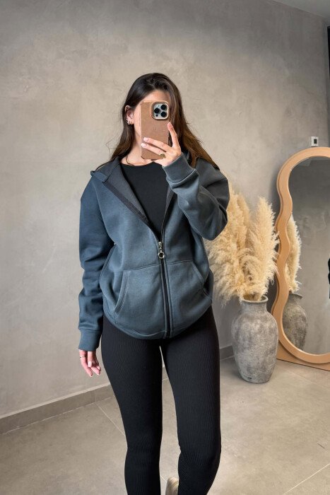 ONE COLOR ZIPPER WOMAN COTTON JACKET GREY/GRI - KLAUDIO FASHION