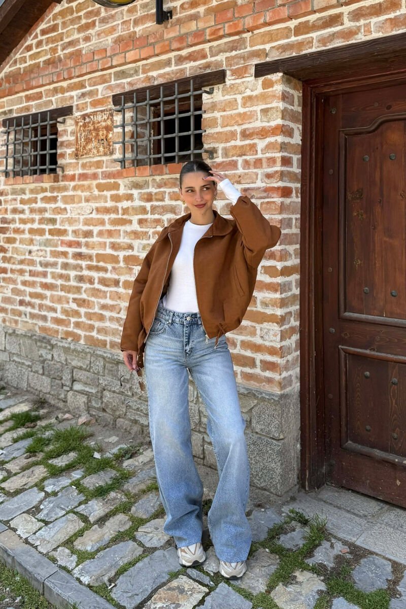 ONE COLOR ZIPPER WOMAN JACKET BROWN/KAFE - 2
