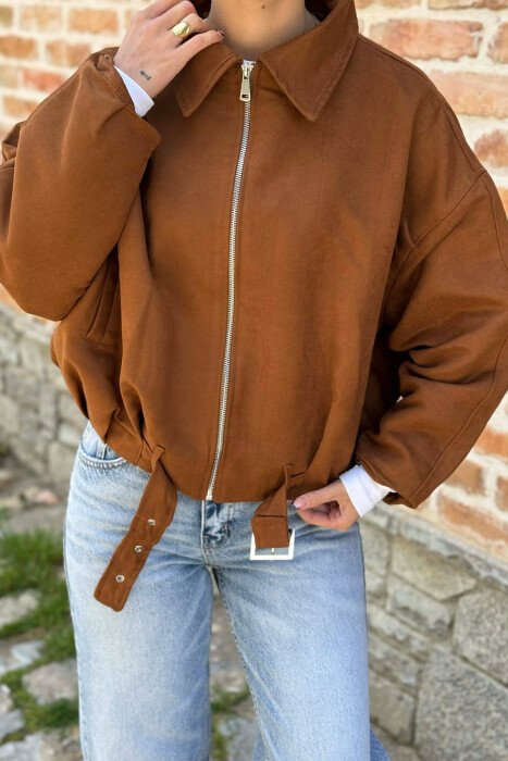 ONE COLOR ZIPPER WOMAN JACKET BROWN/KAFE - 3
