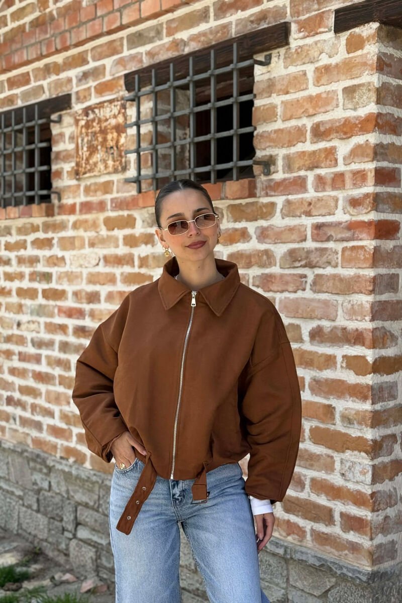 ONE COLOR ZIPPER WOMAN JACKET BROWN/KAFE - 4