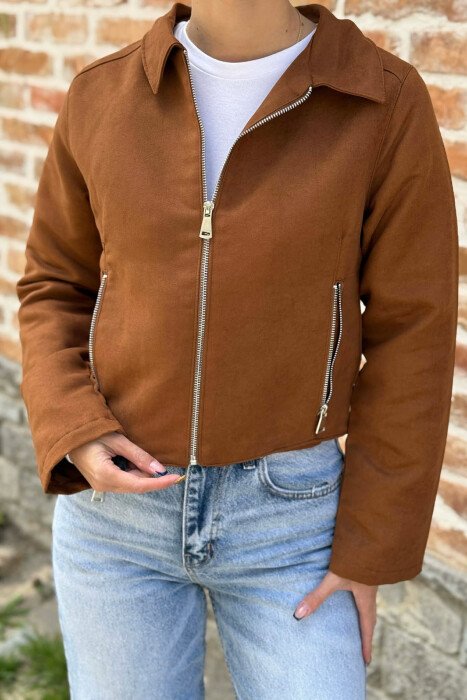 ONE COLOR ZIPPER WOMAN JACKET BROWN/KAFE - 5