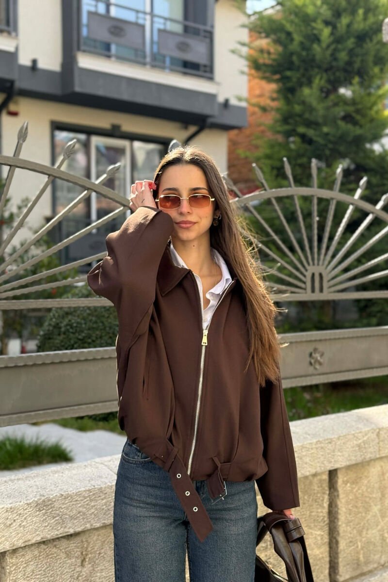 ONE COLOR ZIPPER WOMAN JACKET BROWN/KAFE - 1