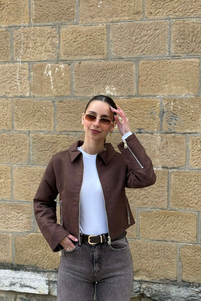 ONE COLOR ZIPPER WOMAN JACKET DARK BROWN/KAE - 1
