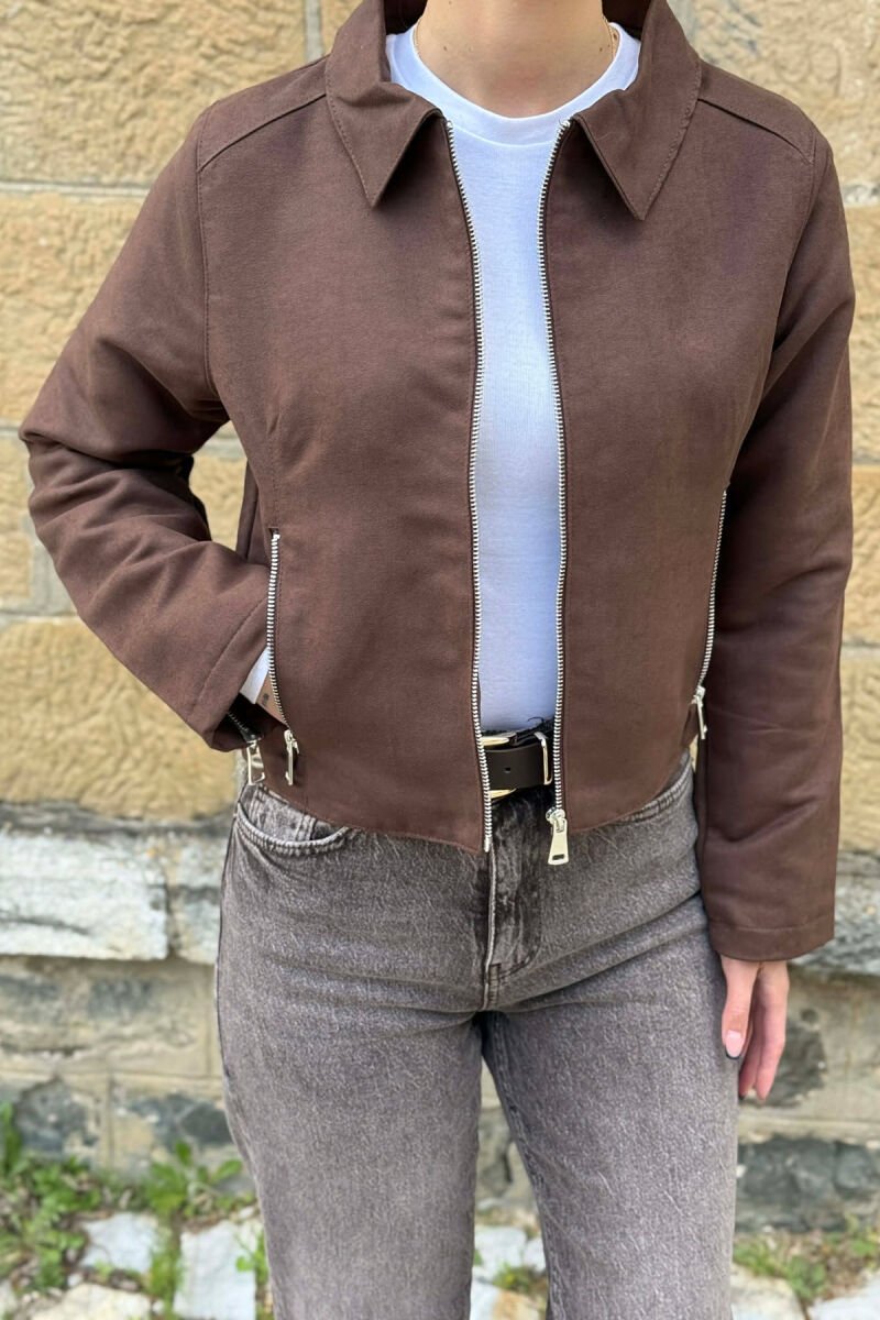 ONE COLOR ZIPPER WOMAN JACKET DARK BROWN/KAE - 4