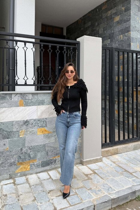ONE COLOR ZIPPER WOMAN SWEATER BLACK/ E ZEZE - 5