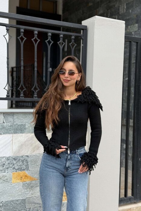 ONE COLOR ZIPPER WOMAN SWEATER BLACK/ E ZEZE 