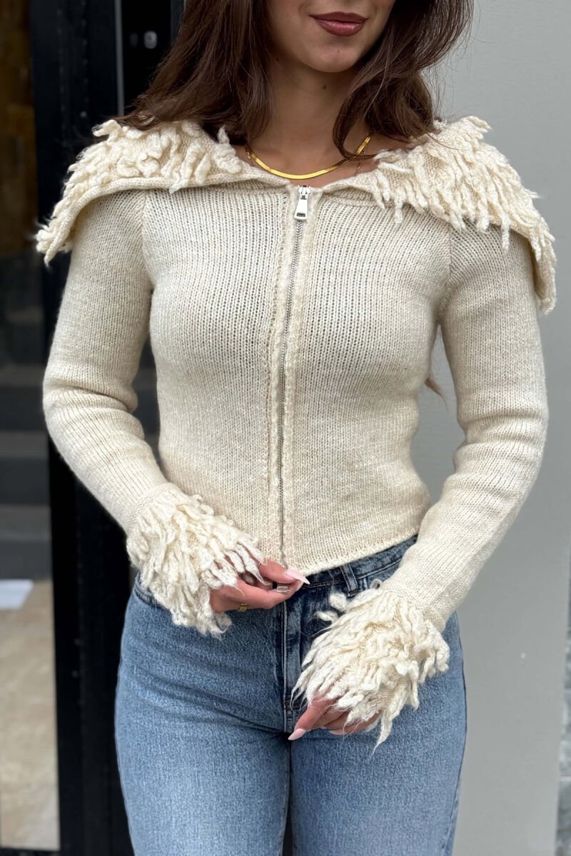 ONE COLOR ZIPPER WOMAN SWEATER CREAM/KREM - 2