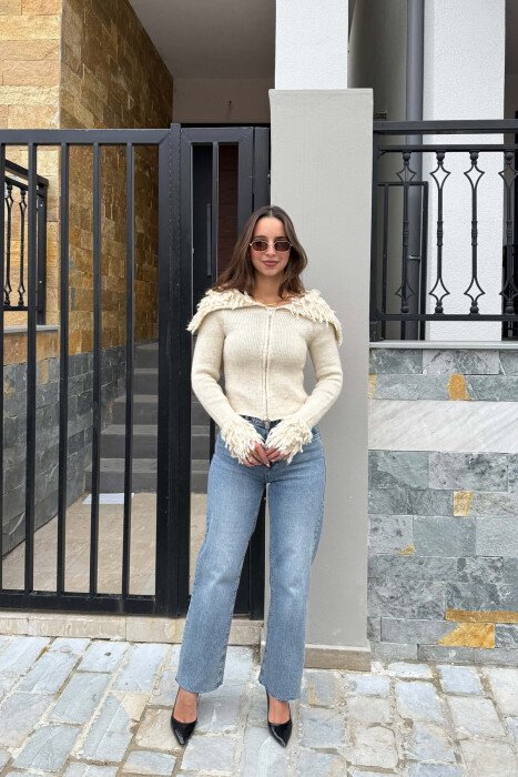 ONE COLOR ZIPPER WOMAN SWEATER CREAM/KREM - 4