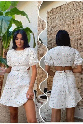 ONE COLOUR SPOTTED WOMAN DRESS WHITE-E BARDHE - KLAUDIO FASHION