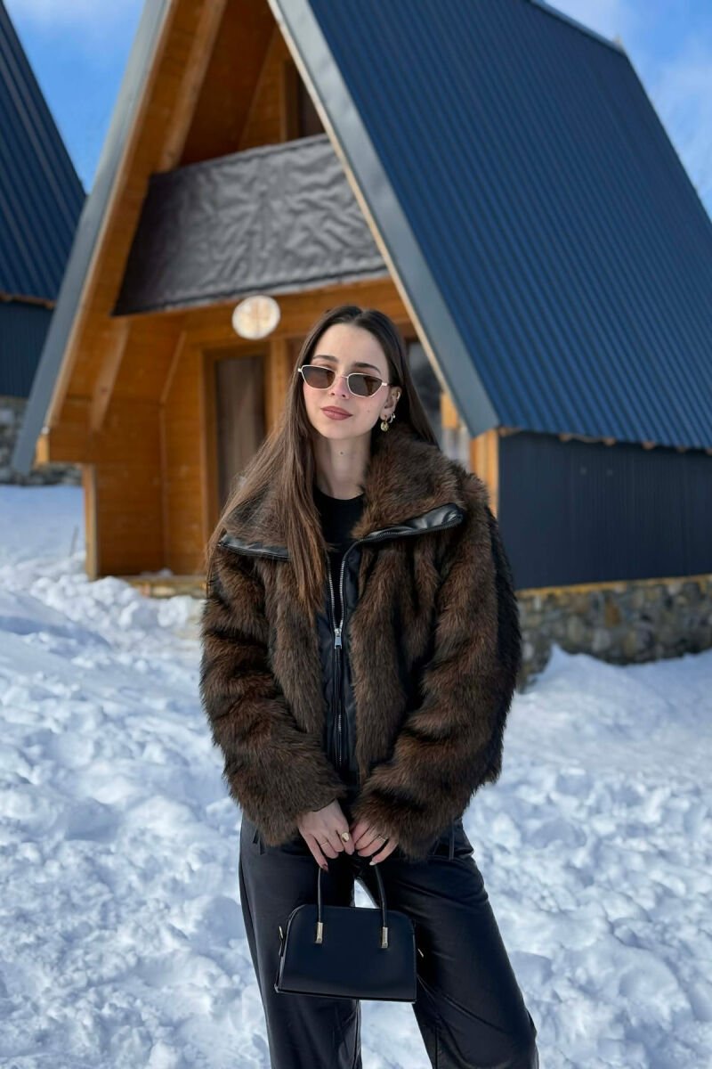 ONE COLOUR ZIPPER FAUX FUR WOMAN COAT DARK BROWN/KAE - 1