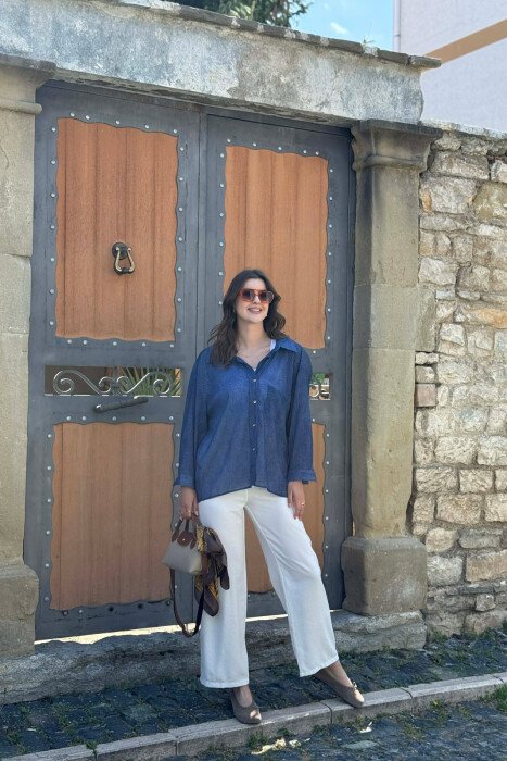 ONE FRONT POCKET GOLD BUTTONS WOMAN SHIRT BLUE/BLU - 4