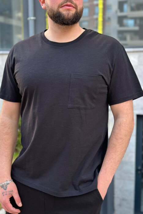 ONE POCKET ROUND NECK COTTON MEN T-SHIRT BLACK/ E ZEZE - KLAUDIO FASHION