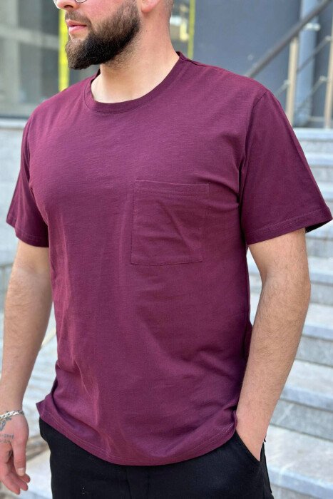 ONE POCKET ROUND NECK COTTON MEN T-SHIRT BURGUNDY/VISHNJE - KLAUDIO FASHION