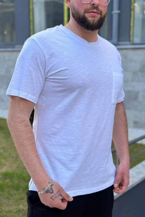 ONE POCKET ROUND NECK COTTON MEN T-SHIRT WHITE-E BARDHE - KLAUDIO FASHION