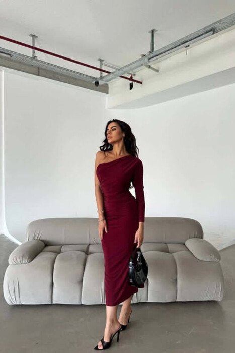 ONE SHOULDER OFF LONG SLEEVE WOMEN DRESS BURGUNDY/VISHNJE - KLAUDIO FASHION