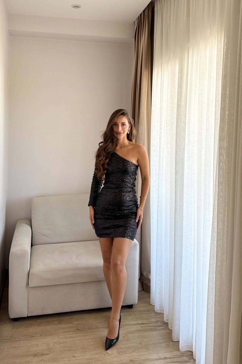 ONE SHOULDER OFF SHINY SEQUIN MASH WOMEN DRESS BLACK/ E ZEZE - 1