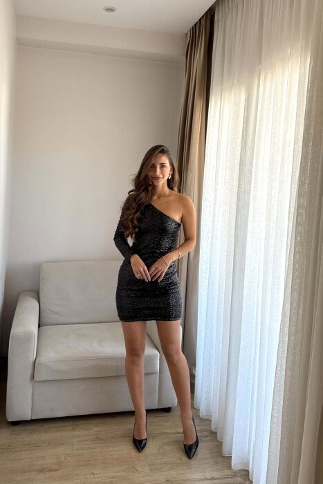 ONE SHOULDER OFF SHINY SEQUIN MASH WOMEN DRESS BLACK/ E ZEZE - 2